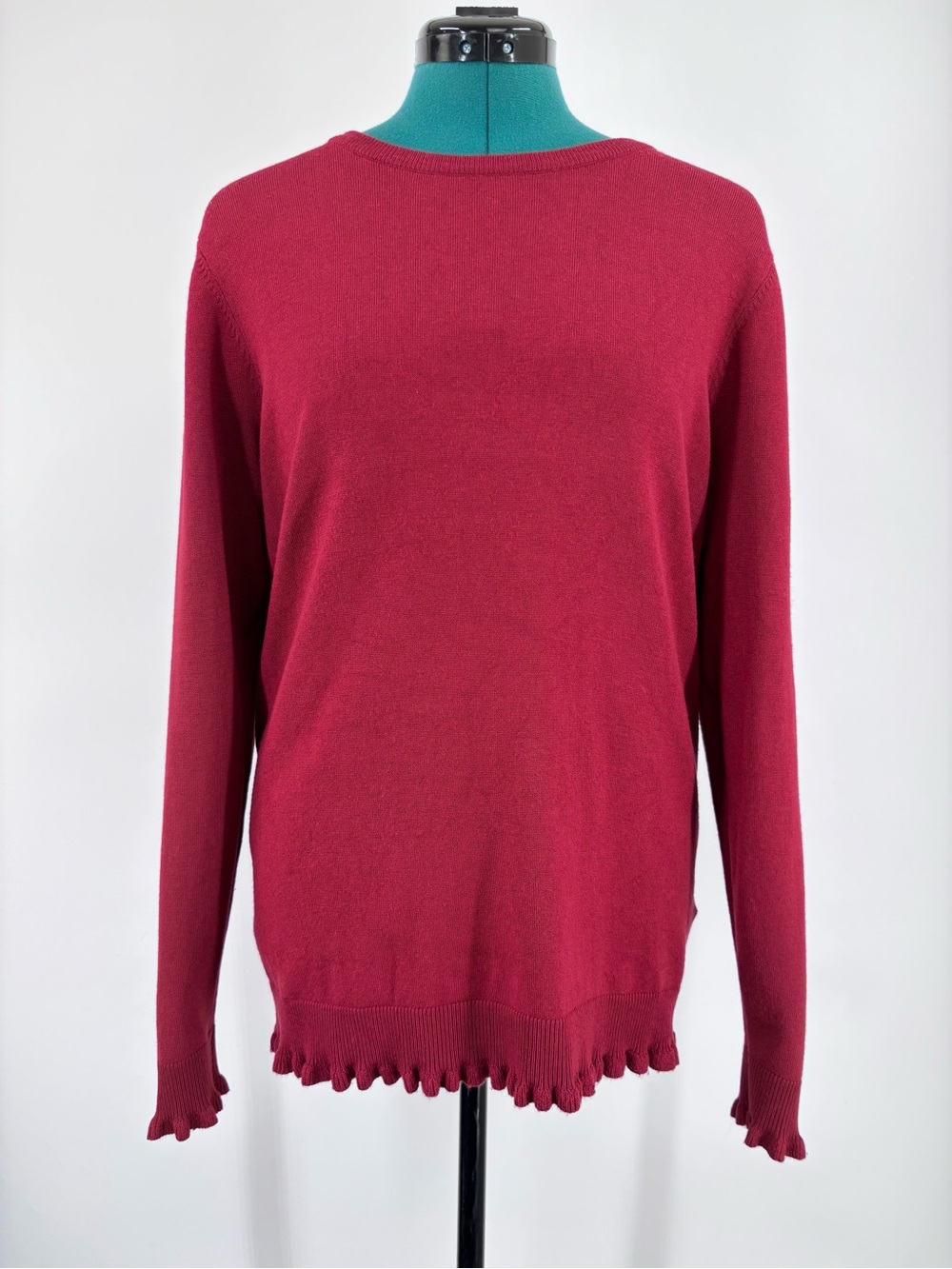 Soya Concept Raspberry Ruffled Hem Crew Neck Lightweight Sweater, Large